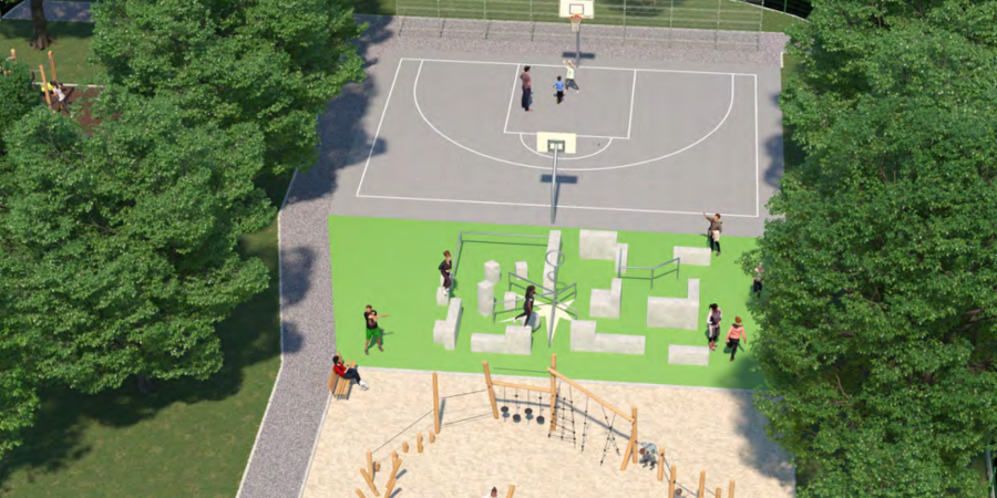 Projectbeeld van het definitief ontwerp voor de heraanleg van het speelterrein aan de Vorstenhuislaan.